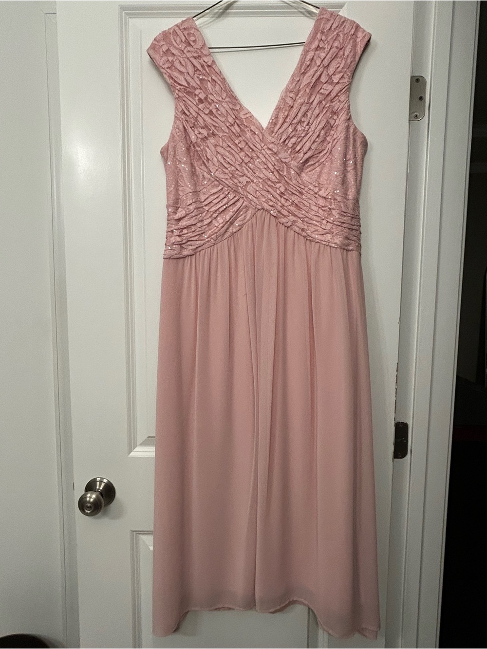 Sleeveless Blush Midi Dress with Ruched V-Neck